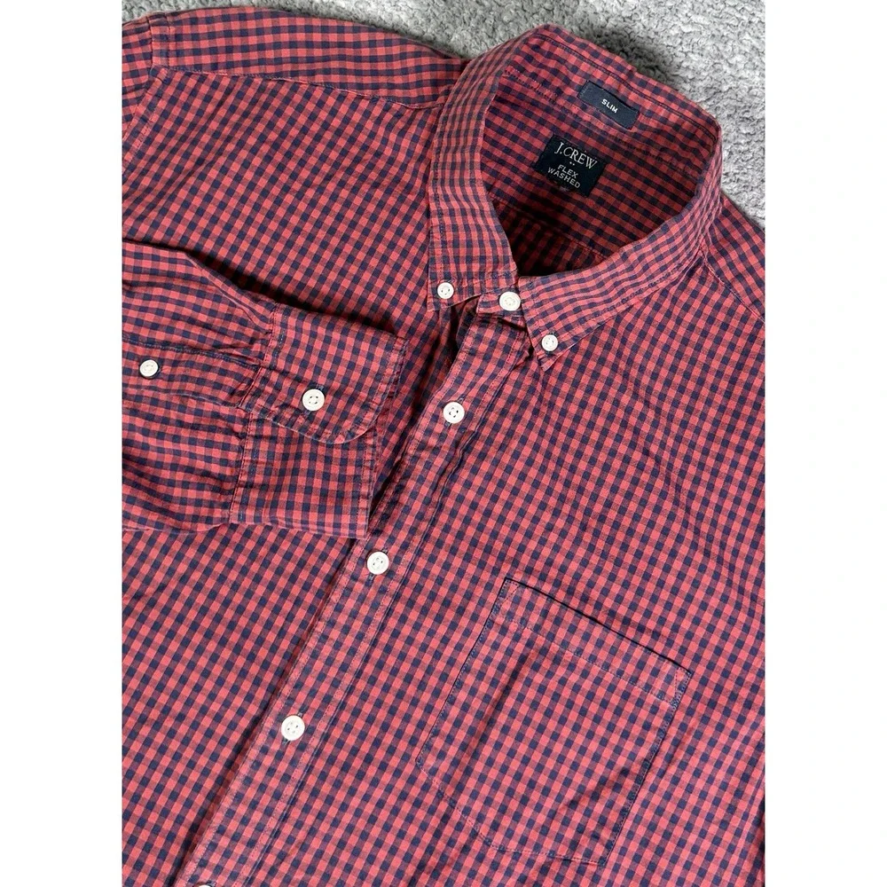 J Crew Slim Fit Flex Washed Red Navy Gingham Check Button Down Mens XL Preppy